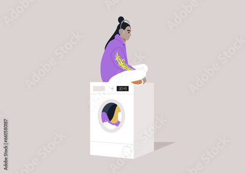 A youthful character in a hoodie, wearing oversized headphones, seated atop a washing machine while patiently awaiting the completion of their laundry