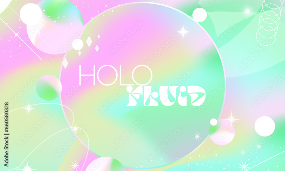 Yellow and Blue Pastel Holographic Gradient Design with round iridescent bubble circle frames. Vector Illustration. 

