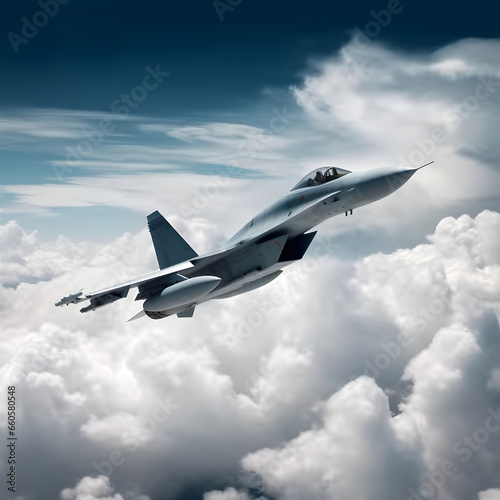 Military aircraft in flight at speed in the clouds. Air Force.
