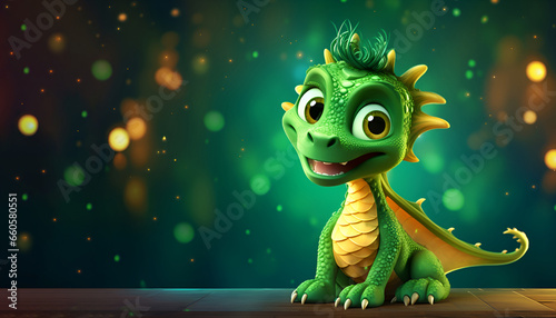 Cute cartoon dragon on a green background  banner