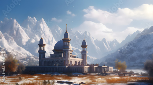 Mosque Framed by Majestic Mountains