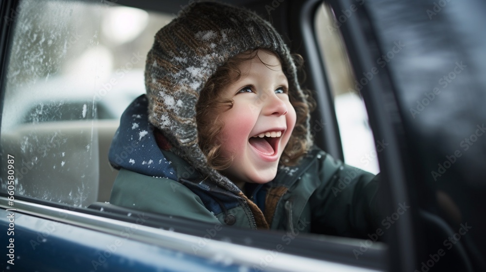 Happy little boy watching and playing with snow from an open car window on the trip of a snowy winter holiday, joyful kid have fun with snow flakes. Happy little boy watching and playing with snow from an open car window on the trip of a snowy winter holiday, joyful kid have fun with snow flakes.