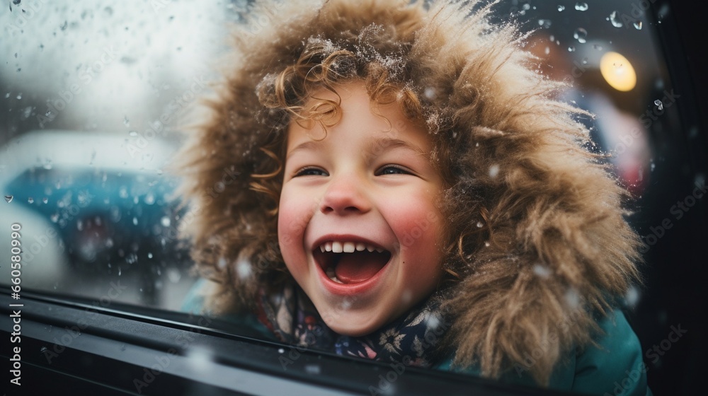 Happy little boy watching and playing with snow from an open car window on the trip of a snowy winter holiday, joyful kid have fun with snow flakes. - obrazy, fototapety, plakaty 