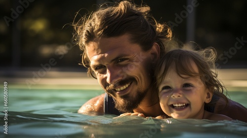Happy father teaching his little daughter to swim. Active happy child learning to swim, Dad and his little girl have fun in swimming pool, close up, beautiful sunshine.