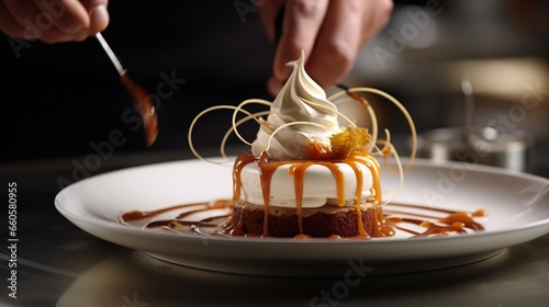 Close up of refined dessert being prepared by professional chef in high end restaurant or cafe background photo