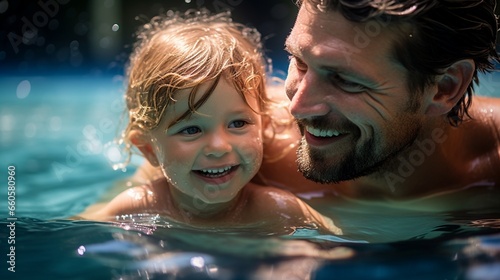 Happy father teaching his little daughter to swim. Active happy child learning to swim, Dad and his little girl have fun in swimming pool, close up, beautiful sunshine. © JW Studio