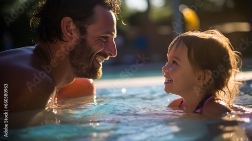 Happy father teaching his little daughter to swim. Active happy child learning to swim, Dad and his little girl have fun in swimming pool, close up, beautiful sunshine.