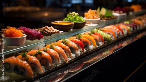 Food - Japanese Assorted Sushi and Sashimi displayed in catering area, Japanese style sushi buffet, sushi bar background. photo