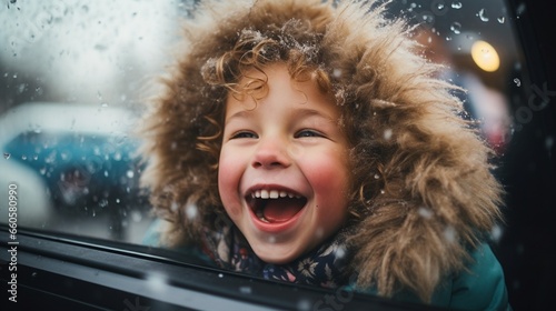 Happy little boy watching and playing with snow from an open car window on the trip of a snowy winter holiday, joyful kid have fun with snow flakes. photo