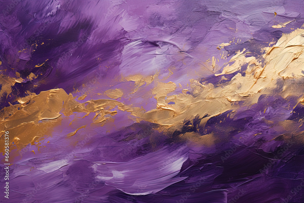 violet and gold abstract oil painting on canvas, acrylic texture background, rough brushstrokes wave of paint