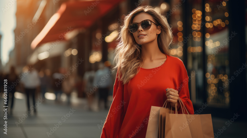 Young woman stands on the street with bags while shopping. Created with Generative AI technology. Young woman stands on the street with bags while shopping. Created with Generative AI technology.