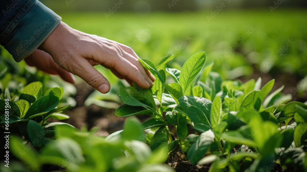 Farmer checks the leaves of the green plants of his fields.