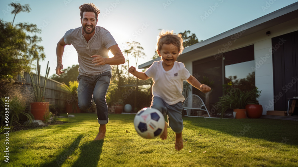 Joyful father and son play with a soccer ball in the front yard of the house - obrazy, fototapety, plakaty 