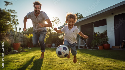 Joyful father and son play with a soccer ball in the front yard of the house