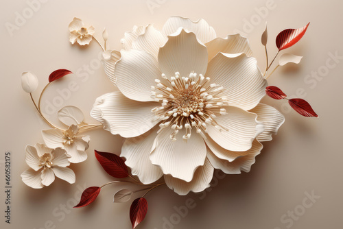 a white flower with red leaves on a beige background.   Illustration of a Ivory color flower, Perfect for Wall Art. photo