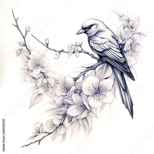 Sketching Serenity: A Pencil Portrait of a Bird on a Branch © Nim