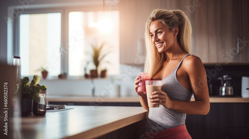 Sporty girl on a diet made a smoothie in the kitchen