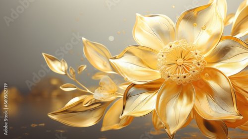 a golden flower with leaves on a gray background.   Illustration of a Lemon color flower  Perfect for Wall Art.