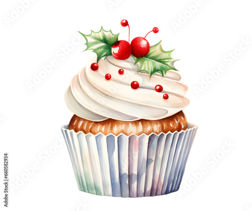 Christmas cupcake with holly berries, transparent background kids cartoon watercolor