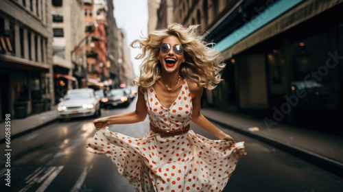 Woman dancing in the street in summer dress, cinematic styled