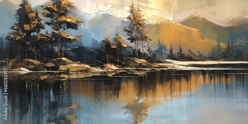 Majestic Mountain Landscape - Abstract Art Acrylic Oil Painting with Gold Details, Tree, and Tranquil Lake Reflection