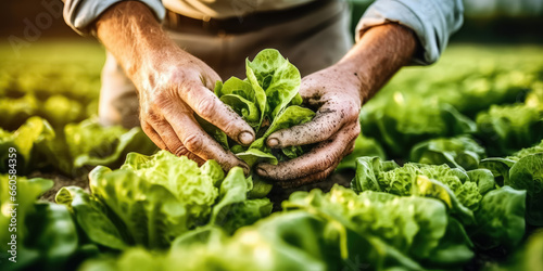 Agriculture Vegetables Harvest Background - Close-up of Farmer's Hands Harvesting Lettuce Salad in the Field