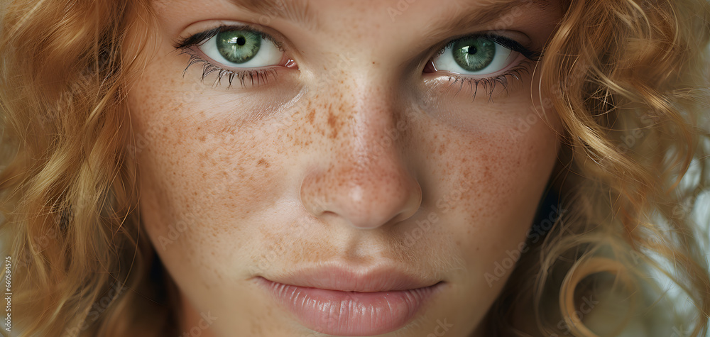gros plan sur les yeux verts d'une belle jeune femme blonde