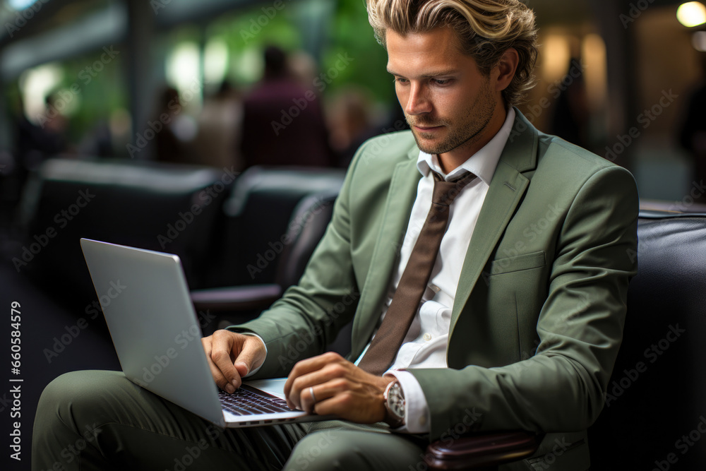 Engrossed professional in business attire making the most of pre-flight time at airport Engrossed professional in business attire making the most of pre-flight time at airport