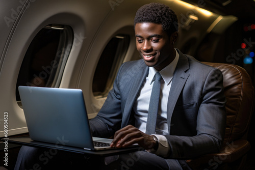 Black businessman in professional attire focused on laptop during flight © Paula