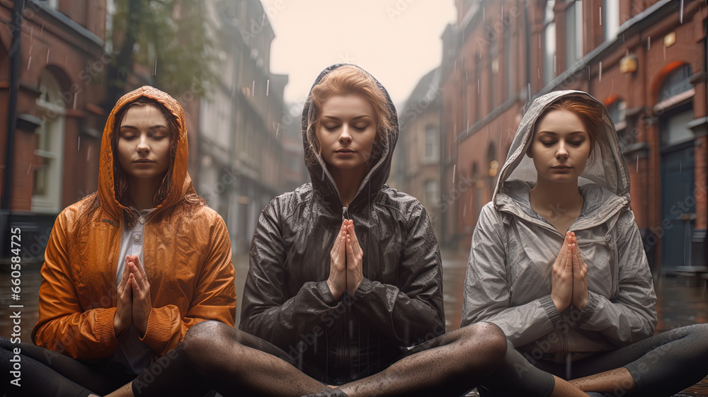 Three women meditating in the city while it rains