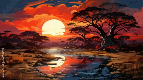 Amazing fictional landscape inspired  by African Sunset © 4kclips
