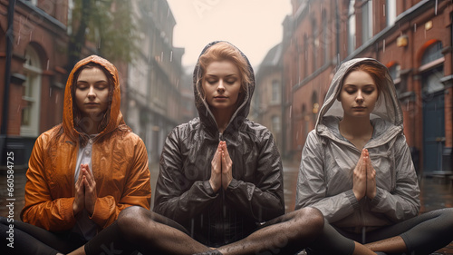 Three women meditating in the city while it rains