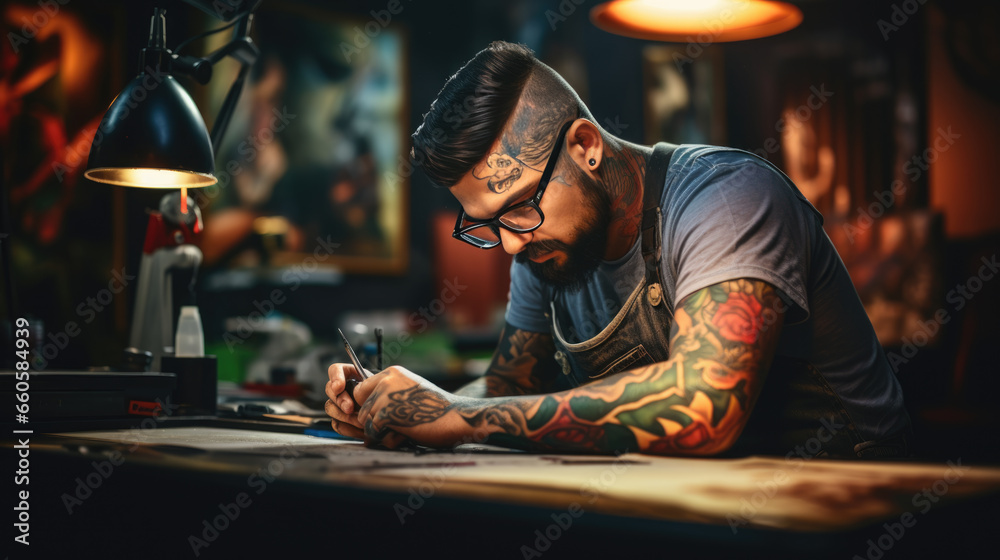 Man master in a tattoo parlor makes a sketch of a future tattoo Man master in a tattoo parlor makes a sketch of a future tattoo