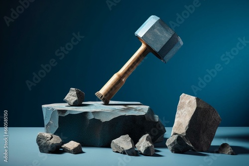 A hammer striking a rock with a bigger hammer atop, rocks stacked below on a table against a blue backdrop. Generative AI © Yana