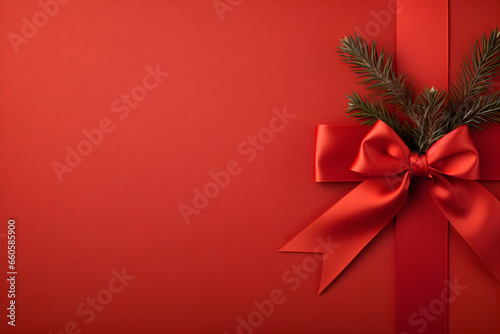 Christmas decoration with red ribbon and green tree branch, solid red textured paper background, copy space