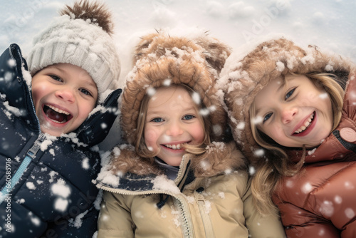 Winter fun captured with kids playing in snow, joyful expressions