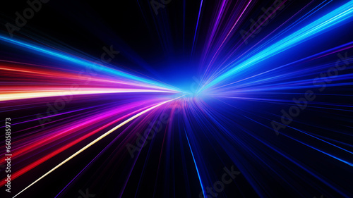 Neon colored lines, purple and blue moving strokes or lasers to the middle on black background