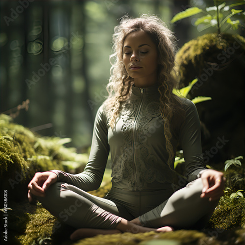 Magiczne chwile kontemplacji na łonie natury w lesie. Młoda kobieta w spokoju i zadumie, odkrywająca wewnętrzną harmonię w medytacji. Fotografie chwil refleksji i wewnętrznego skupienia. photo