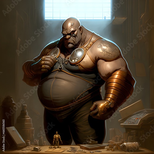 concept art fat silver surfer pewter skin and face worker steampunk friendly leather apron tools and gadgets beardless and bald  photo