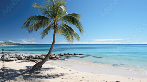 Escape routine at a paradise beach with a palm tree shadow on white sand and tranquil waters
