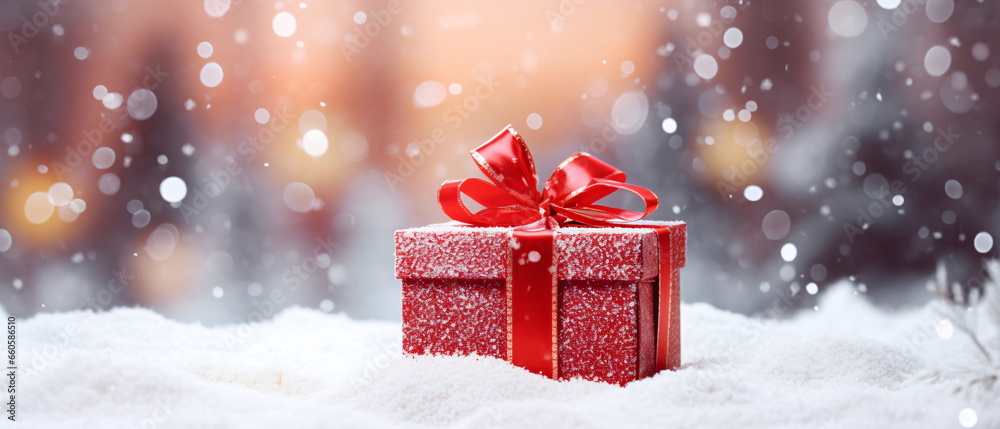 A Christmas winter and new year background - gift box with red bow on blue defocused on the forest background of dreamy blurred bokeh effect, creating a magical and festive atmosphere. Generative ai A Christmas winter and new year background - gift box with red bow on blue defocused on the forest background of dreamy blurred bokeh effect, creating a magical and festive atmosphere. Generative ai