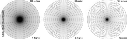 Polar grid divided into thin radial 1-degree sectors and concentric circles. Wheel spoke technical blueprint. 3d starburst or sonar screen gauge.