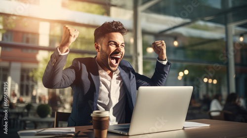 Businessman in the office joyfully raises his hands up celebrating victory and success in his work photo