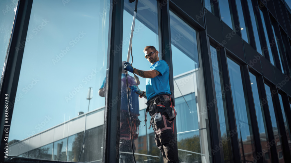 Worker washing windows in the office building Worker washing windows in the office building