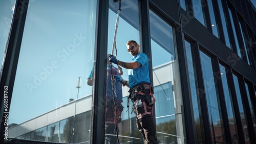 Worker washing windows in the office building