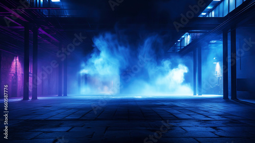 Dark empty fogy room, street, light in the middle, illuminate the bottom and smog, mystic scene or show room, background