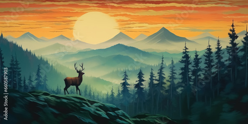 Modern Abstract Art Acrylic Oil Painting of Mountains Landscape, Forest with Fir Trees, Deer, and Sunrise in the Morning