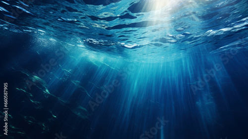 Sun shining light in blue clearly deep water, sunbeams illuminate the blue underwater sea scene, background photo