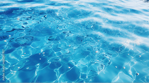 Rippled water surface of clearly transparent water in sea, pool, ocean, bright blue water with sunlight glitter effect background