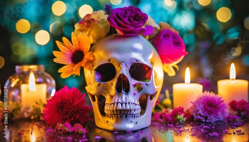  A skull with flowers on it and a candle in the background Generative AI